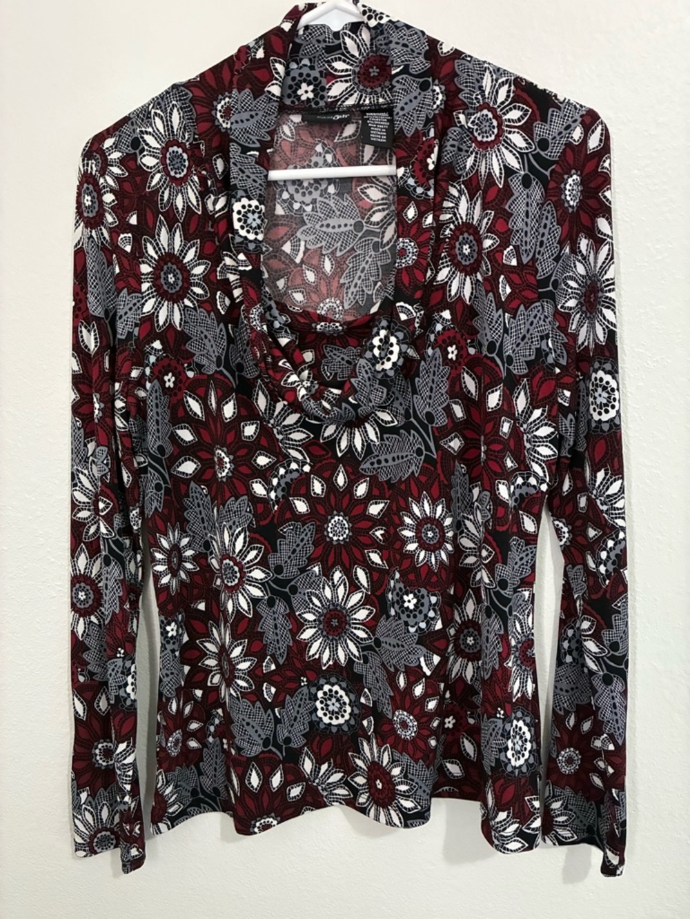 East 5th Floral Cowl Neck Long Sleeve Top - Burgundy/Black/White
